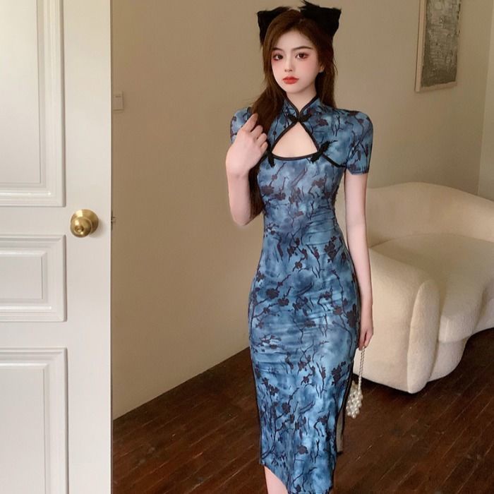 Vintage daily cheongsam improved version young style bone etching hollow out high split middle and l