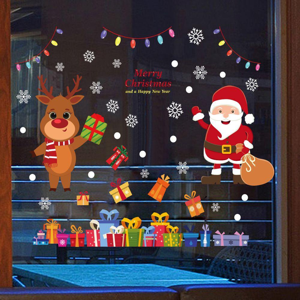 R-flower Hiasan Natal Sticker Toko Asrama Toko Removable Tahan Air Santa Claus Xmas PVC Stiker