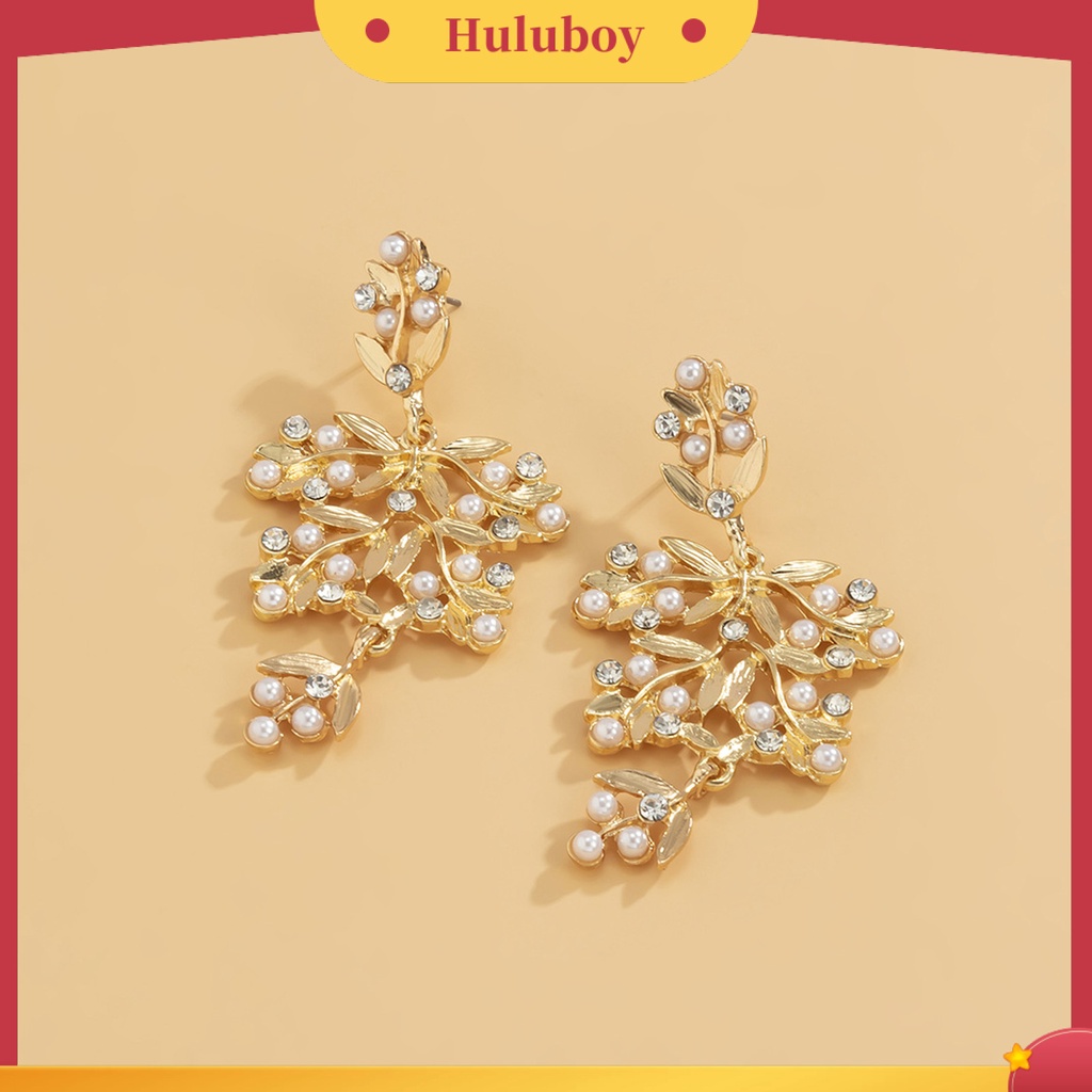 Hu Hu Hu Hu Hu Alat Bantu Pasang Kacamata♡ 1 Pasang Anting Stud Bentuk Daun Besar Aksen Mutiara Berlian Imitasi Bahan Alloy Untuk Wanita