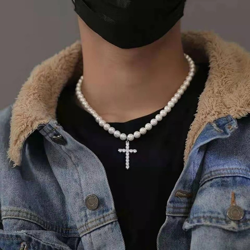 Kalung Rantai Liontin Salib Aksen Mutiara Gaya Vintage Hip-Hop Punk Untuk Unisex