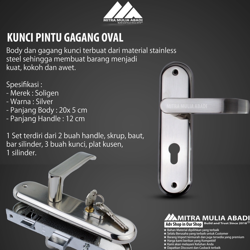 Kunci Pintu Rumah Gagang Oval Silinder Soligen Silver 1 Set Komplit 20 cm