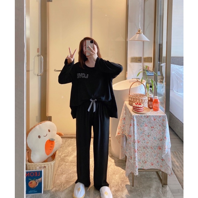 Piyama PP Import Korea piyama oversize setelan kaos import premium piyama import piyama murah-Pp love polos black