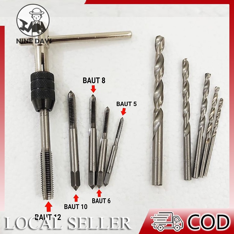 10pcs-Metric Tap Reamer Set/Hand Tap Set + Mata Bor Senai Drat Baut Pembuat Derat Ulir Baud Handtap Handtab Hand Tab/Metric Tool/Metric Die/Thread Tap M3-M8