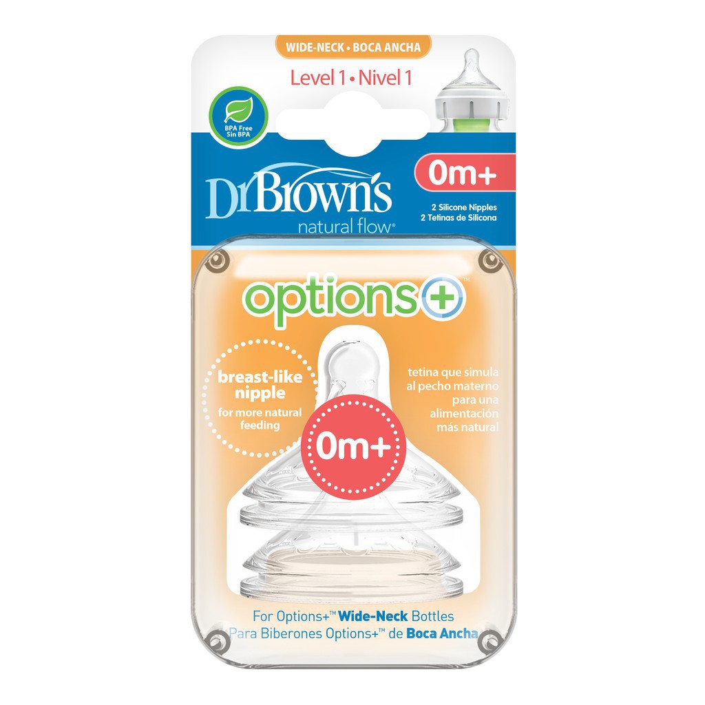 Dr. Brown's Options+ Wide Neck Silicone Nipple Dot Botol Susu Level 1 (0m+) 2 Pack