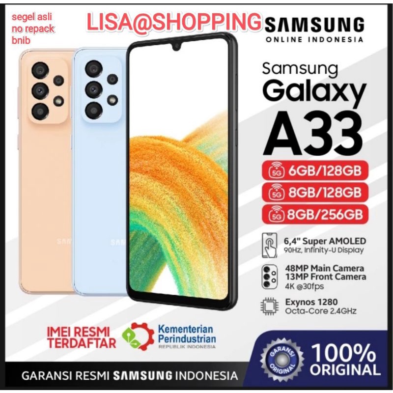 samsung galaxy a33 6/128 8/128 8/256 gb segel no repack garansi resmi bnib