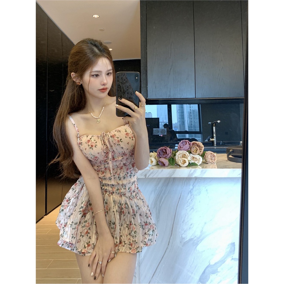 Sweet Spice Girls Pure Desire Floral Sling Rompi Wanita Musim Panas Setelan Kulot Kasual Pinggang Ti