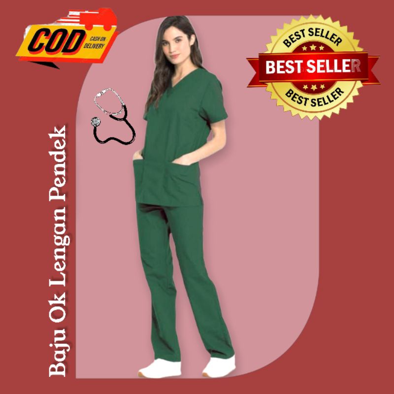 Baju Ok Oka Scrub Seragam Kerja Wanita Pria Lengan Pendek American Drill Size S M L XL Warna Army Li