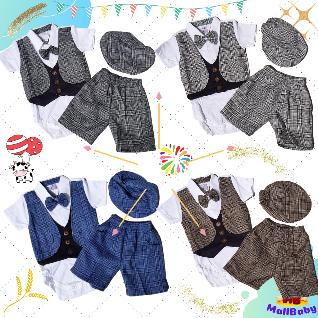 Baju Pesta Bayi Laki Laki Tuxedo Bayi Setelan Jumper Bayi Laki Laki set Dasi Topi Gary