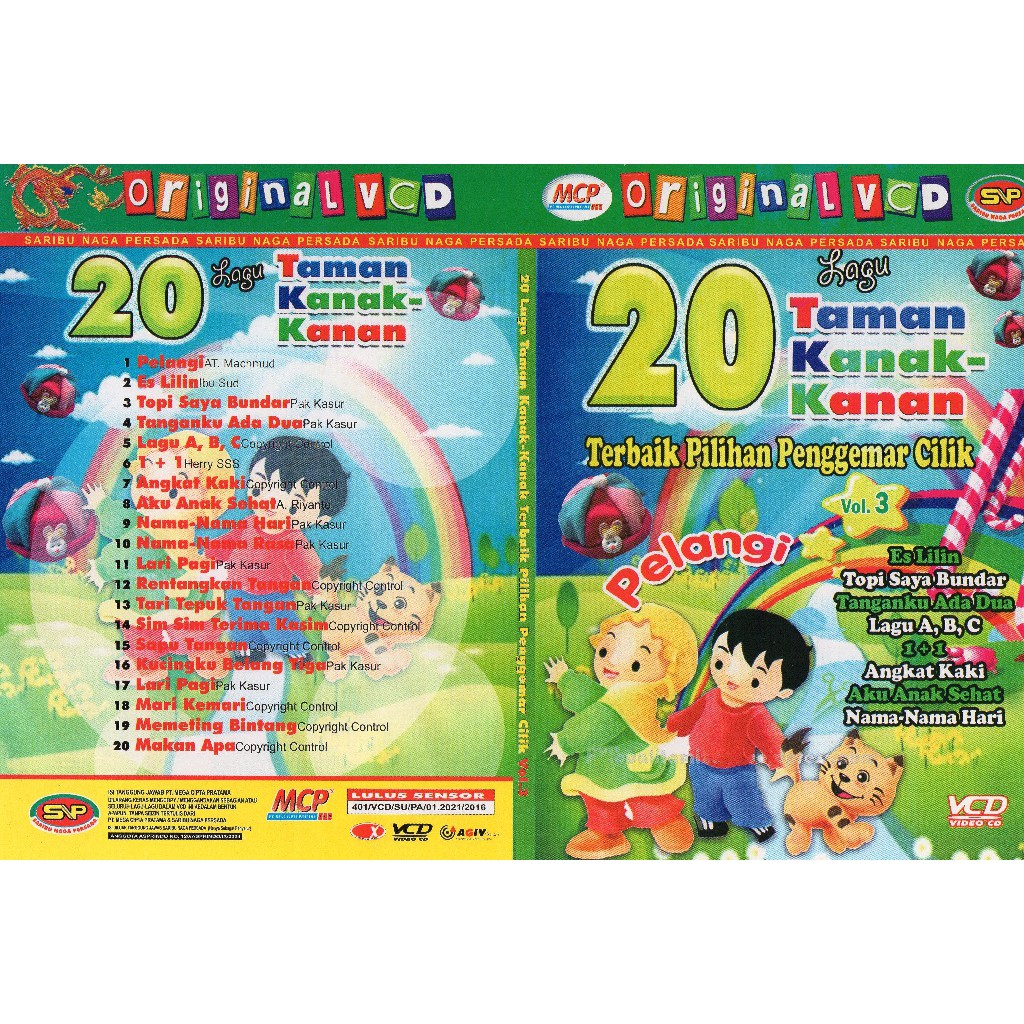 Vcd Original Lagu anak anak 20 Lagu Taman kanak kanak Terbaik pilihan penggemar cilik Vol 3