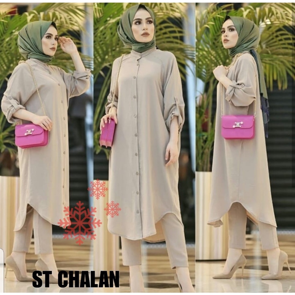 SET CHALAN FASHION PAKAIN WANITA SETELAN TUNIK DAN CELANA MOSCREPE VSHM