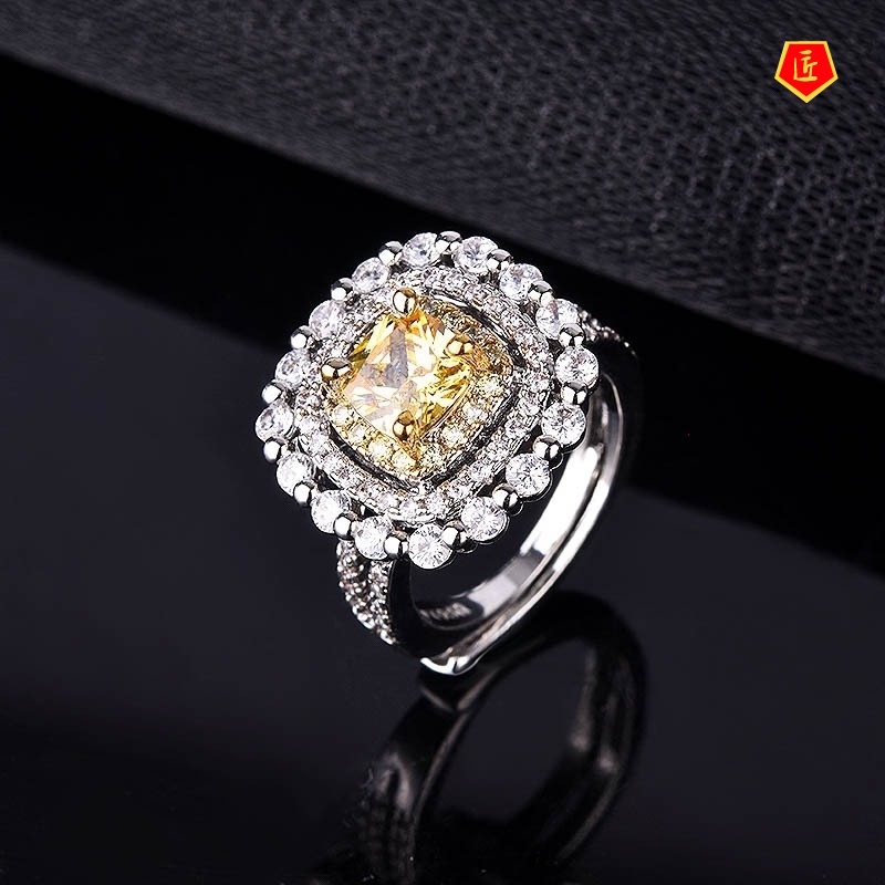 [Ready Stock]Pt950 Luxury Bead Edge Yellow Diamond Open Ring for Women