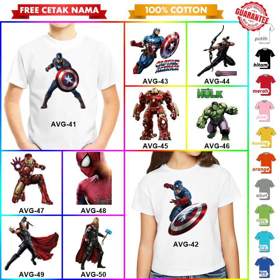 [FREE NAMA!!] Baju Kaos COUPLE  ANAK DAN DEWASA AVENGERS IRONMAN CAPTAIN THOR SPIDERMAN BANYAK MOTIF