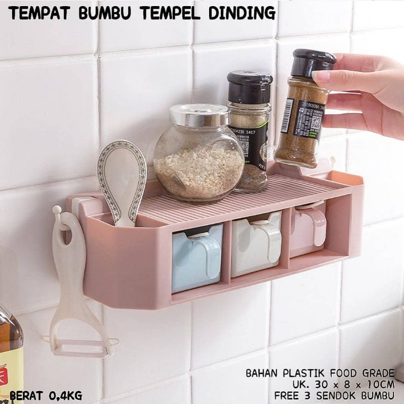 Tempat Bumbu Tempel dinding | Rak tempel dinding 3 laci Bumbu Dapur | Tempat Bumbu isi 3