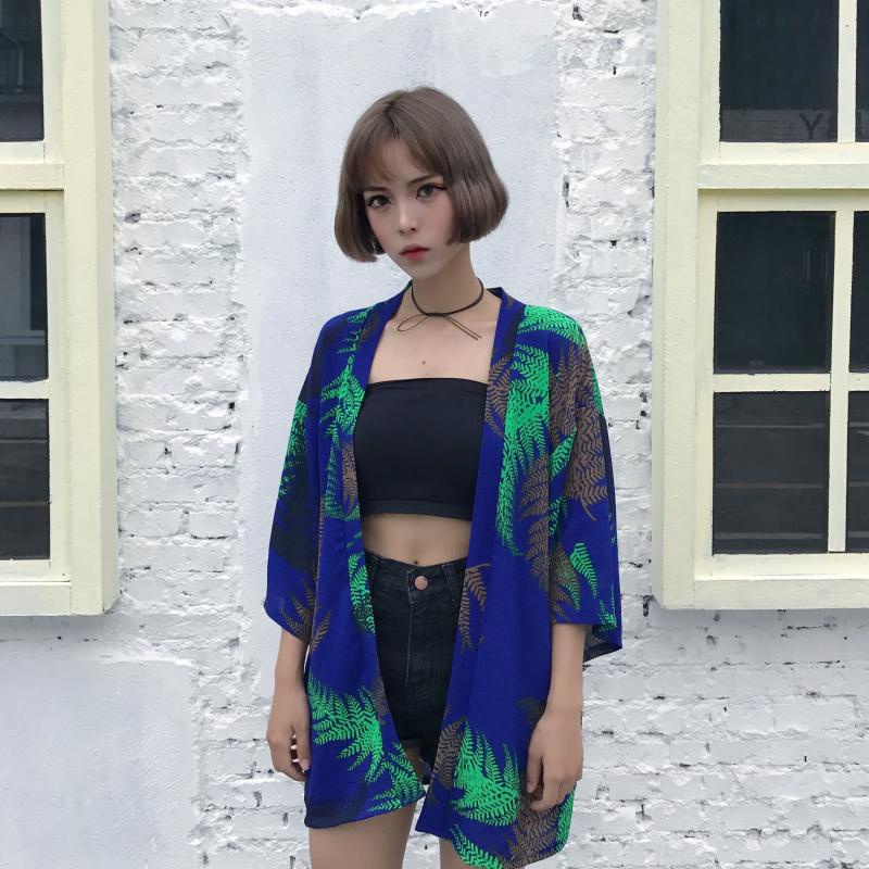 2022 Sifon Merah Biru Fashion Street Beach Cardigan Kimono Wanita Motif Jepang Harajuku Kimono Longgar Warna 2023