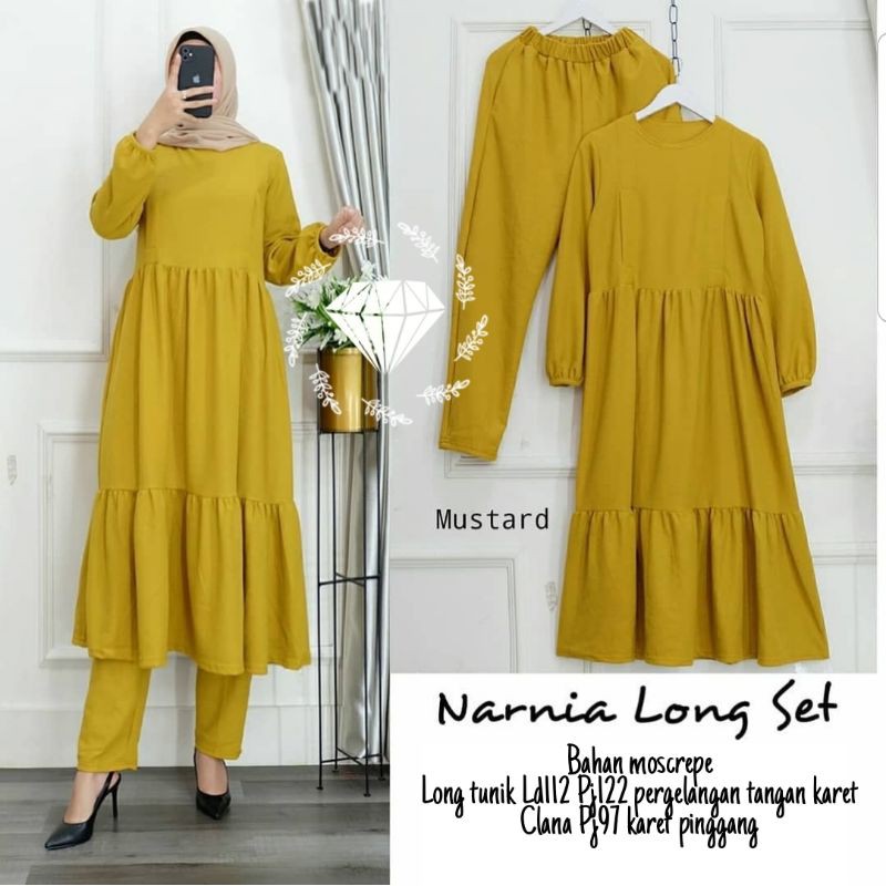 SET LONG TUNIK NARNIA, MOSCREPE, GAMIS, HIJAB, MUSLIM, SETELAN