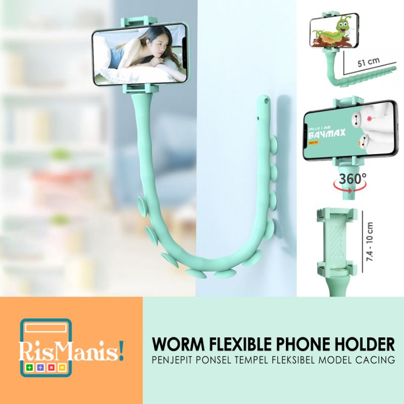 WORM FLEXIBLE PHONE HOLDER - Lazypod HP Stand Penjepit Ponsel Cacing Suction Cup Tripod Gurita Lucu