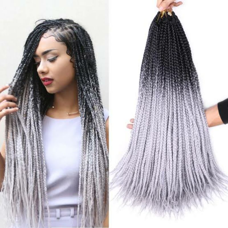 Rambut Kepang Sulam Ombre 2 Warna,Hitam-Abu Abu Silver,Ukuran 60 Cm