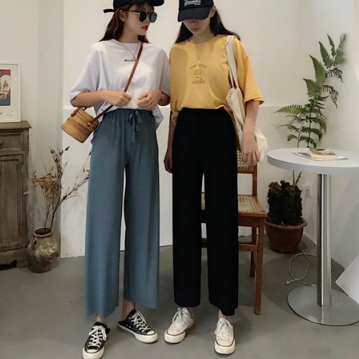 Γ Celana kotak Celana highwaist wanita Kulot Celana korea Pinggang elastis celana tartan  