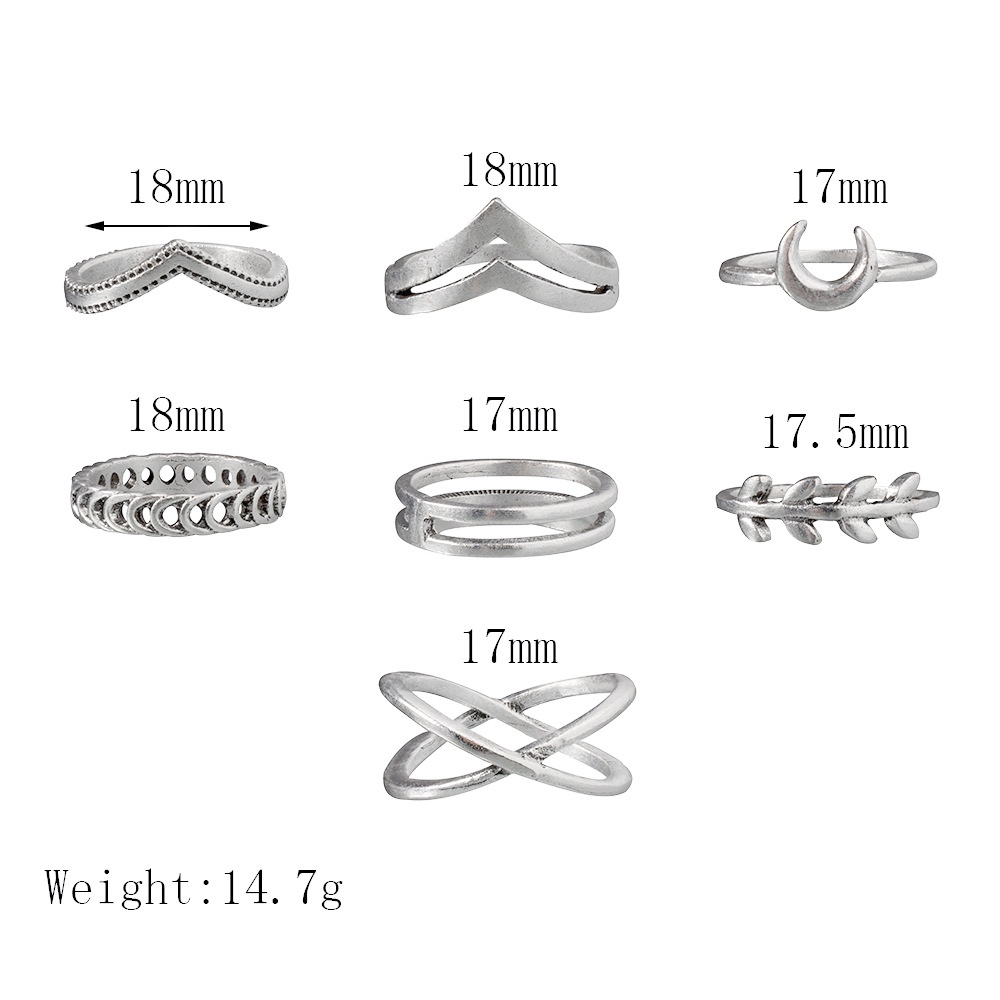 Eropa dan Amerika baru personalized bulan cross sederhana cincin vintage daun 7-piece set cincin