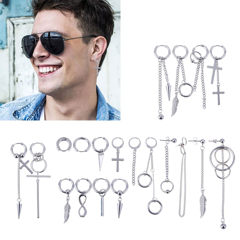 SIY  20Pcs Korean Huggie Hoop Earring Stainless Steel Dangle Hinged Feather Drop Earrings Long Chain Pendant Earrings Jewelry