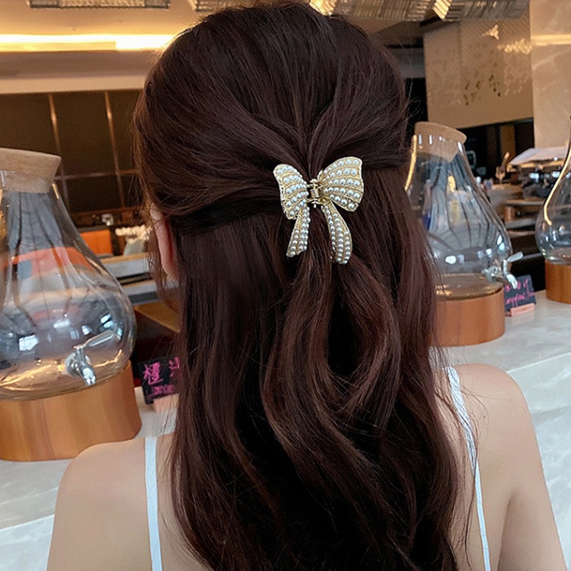 COD❤️Jepit Rambut Bentuk Pita Bahan Alloy Aksen Mutiara Dan Berlian Imitasi Untuk Wanita Kupu-kupu hairclip Pearl Butterfly Fashion Korea