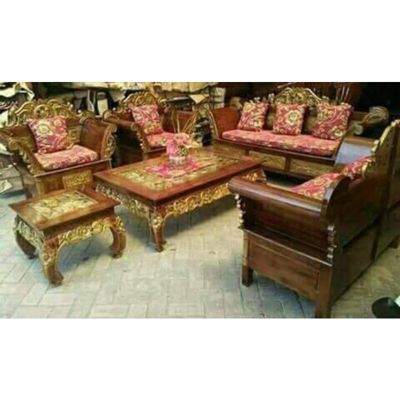 KURSI SOFA TAMU MADURA MATAHARI UKIR WARNA NATURAL KOMBINASI GOLD