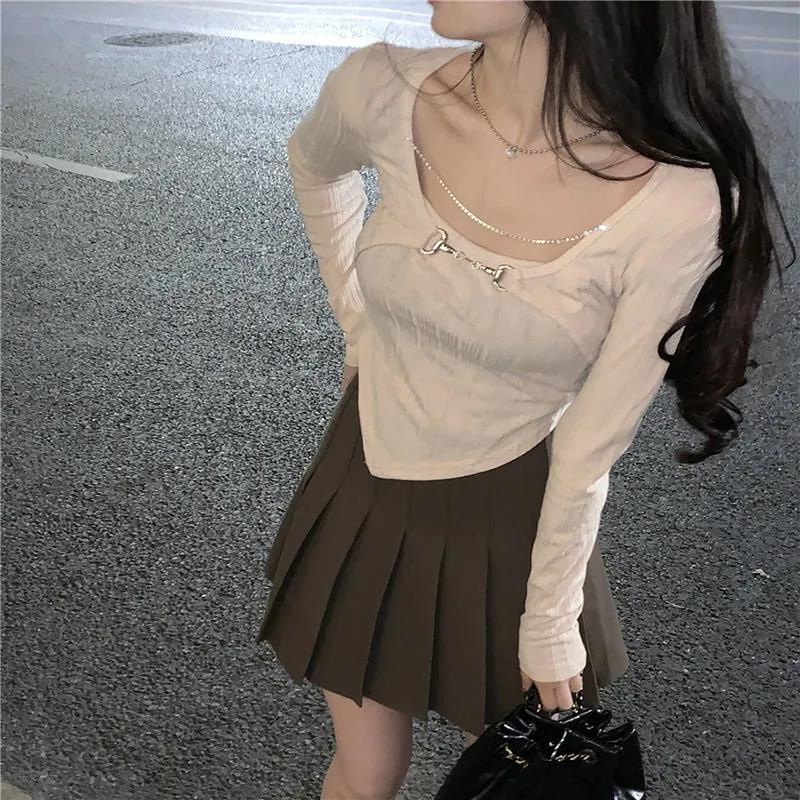Suhao Musim Semi dan Musim Gugur Pure Fashion Dressing Small Fashion Gaya Barat Palsu Dua-piece Pendek Top Wanita Kulit Penutup Rantai T-Shirt Lengan Panjang