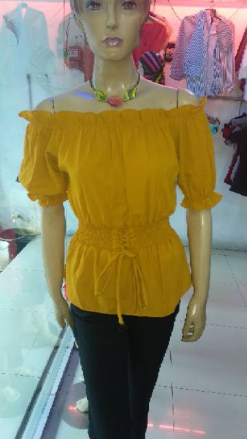 Blouse sabrina lengan pendek tali pinggang