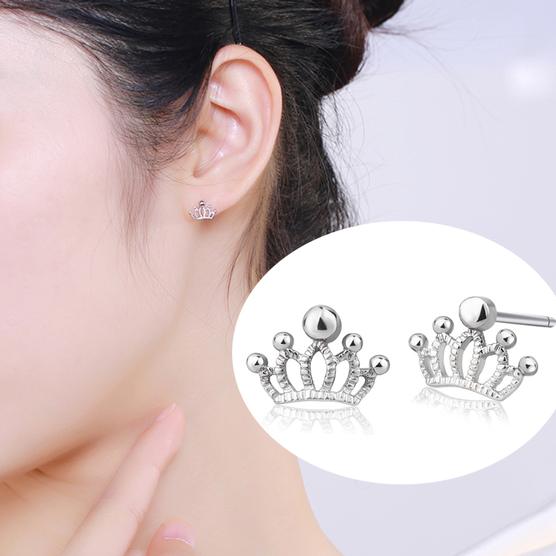 Anting Perak Mahkota Simple Crown Silver Earrings Stud Charm Trendy Hollow Party Earring Women Ear Jewelry Gift