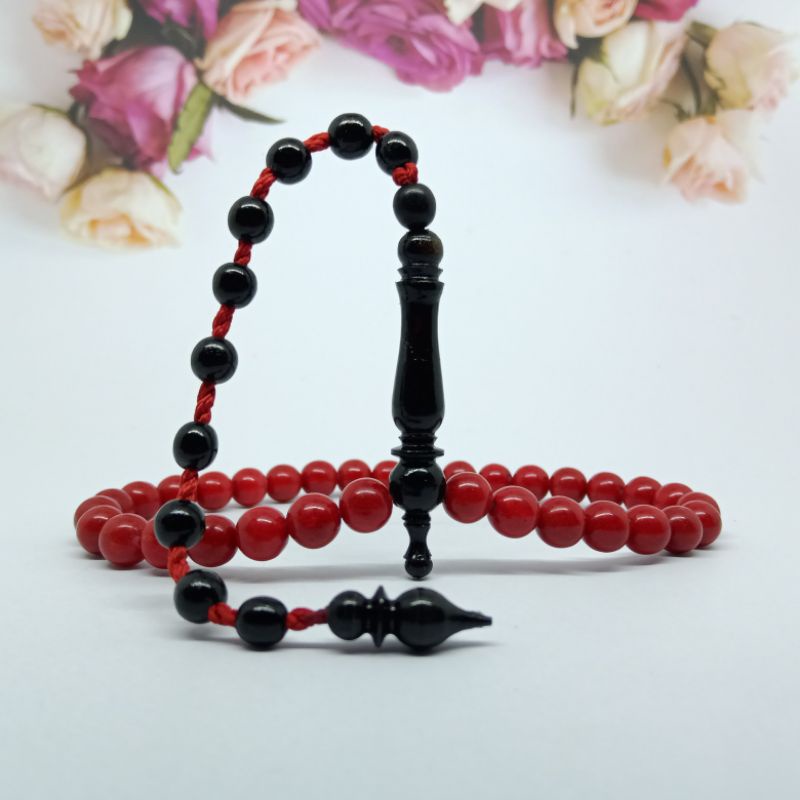 Tasbih Batu Marjan Coral Merah 33 Butir Size 8mm, Kombinasi Akar Bahar Laut Asli