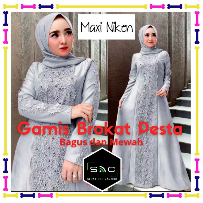 Dress Baju Gamis Wanita Cewek Brokat Brukat Berukat Moscrepe Manik Mutiara Kualitas Premium Terbaru