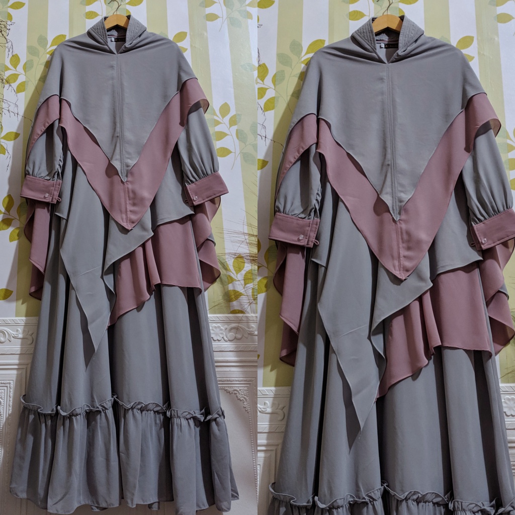 Gamis syari ceruty set khimar Gamis wanita remaja ibu ibu jumbo mewah Gamis terbaru kekinian-Abu mix dasty