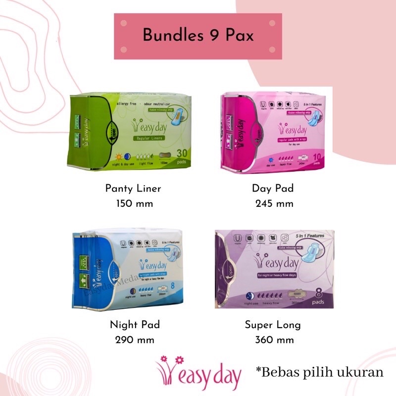 Easyday Pembalut Premium Anti Bakteri Paket Hemat 2/4/6/9 Bungkus Bebas Mix Semua Ukuran