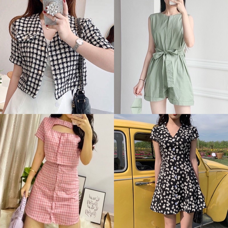 [Ready Stock] Baju Import Wanita Korean Tweed Top Pink Set Barbie Mint Jumpsuit Daisy Dress Black Korea