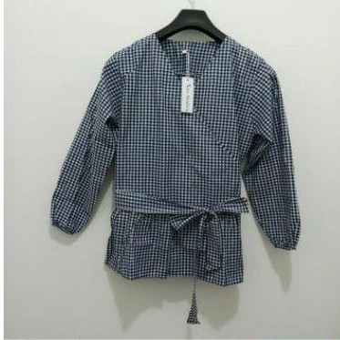 Atasan Blouse Kimono bahan katun kotak / garis ada tali pinggang Ken-327