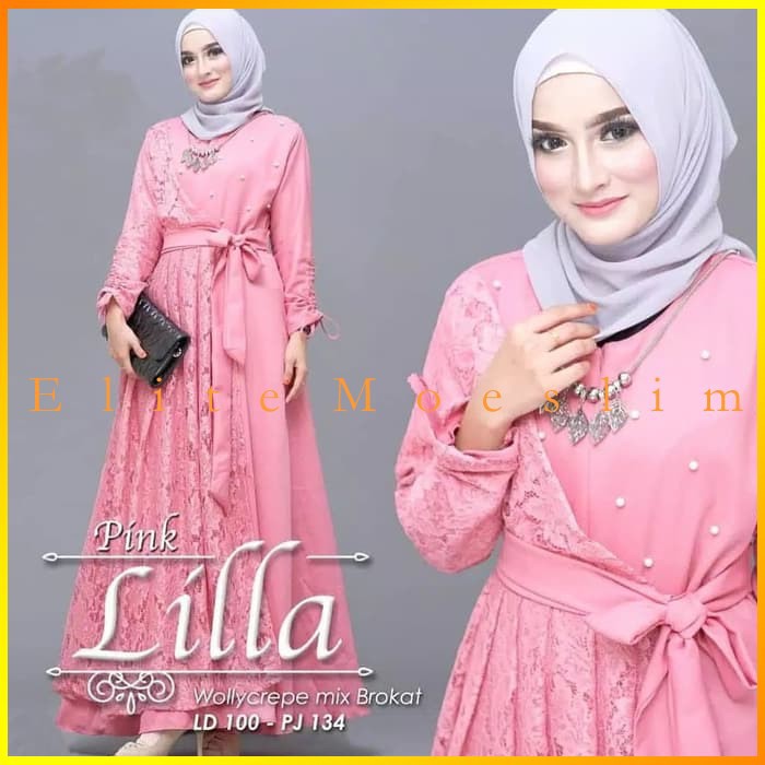 Gamis Syari Mewah Brukat Lilla Tille Mutiara Brokat Gaun Kondangan Pesta wedding