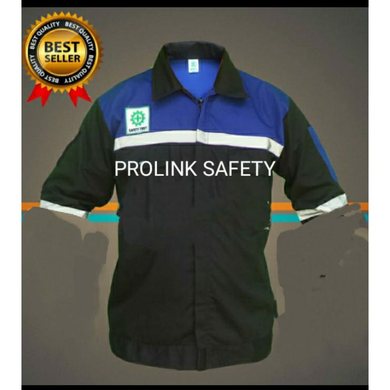 SERAGAM SAFETY RESLETING BIRU HITAM LENGAN PENDEK FREE LOGO K3 BENDERA