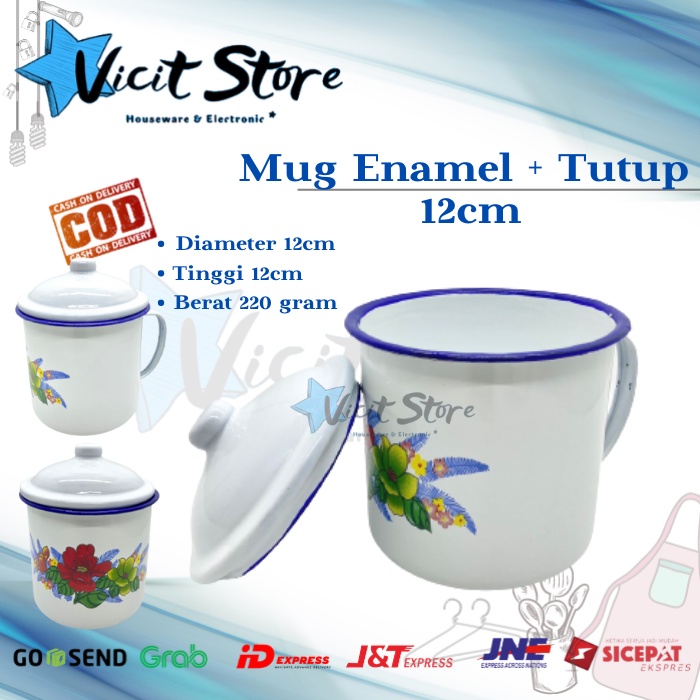 Mug Enamel 12cm + Tutup Motif Kembang/ Gelas Jadul Kembang 12cm +Tutup KODE C-383