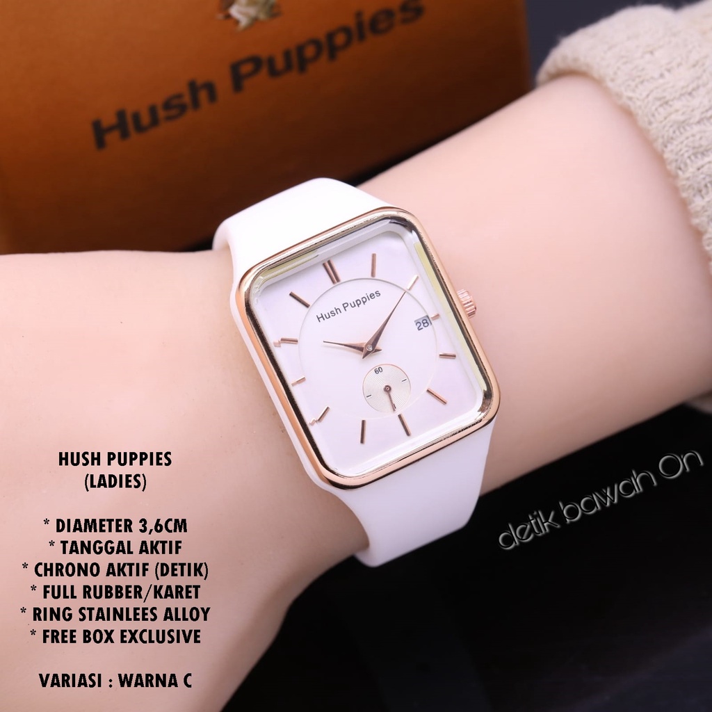 JAM TANGAN WANITA HUSH PUPPIES TALI RUBBER BODY SEGI  TANGGAL &amp; CHRONO AKTIF