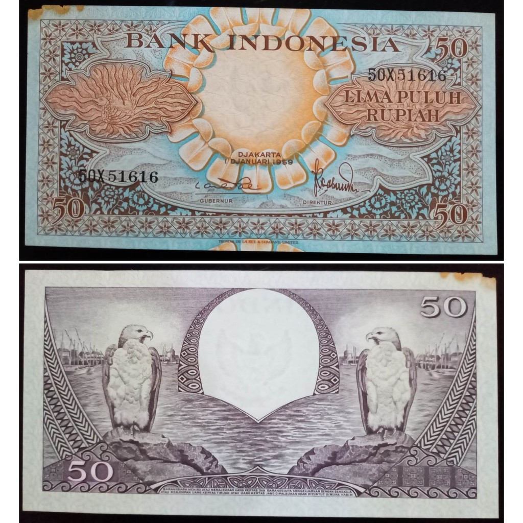 Uang Kuno 50 Rupiah Tahun 1959 Seri Bunga Prefik Satu Huruf "X"