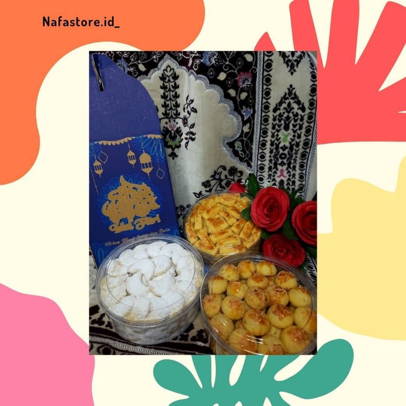 

Hampers Lebaran isi 3 toples kue kering nastar, Kastengel,putrisalju.