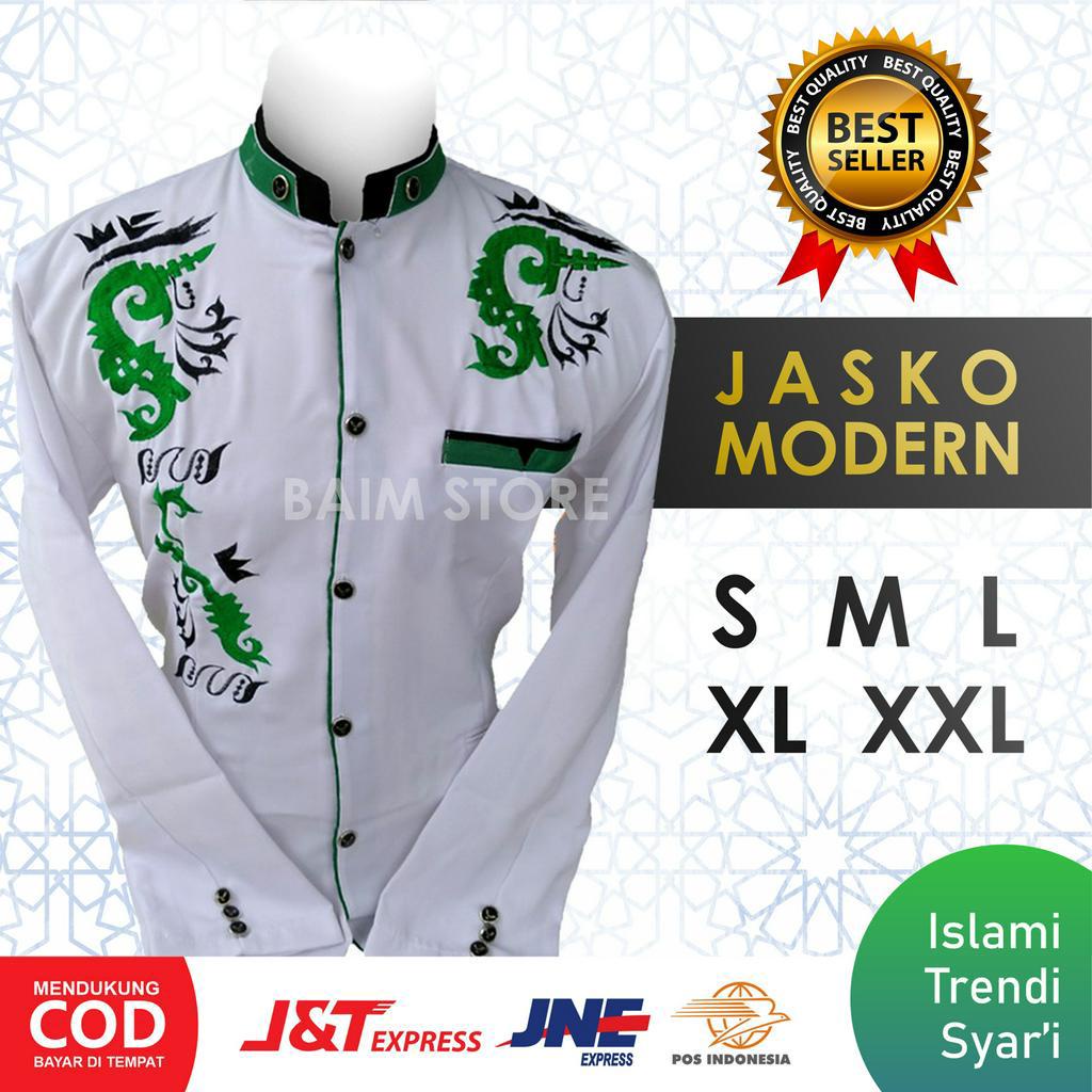 Baju Pakaian Koko Jasko Muslim Pria Bordir Putih List Hijau Cina Elegan S M L XL XXL