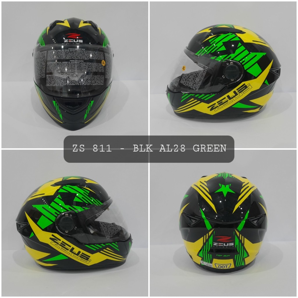 HELM ZEUS FULL FACE BLACK  AL28 GREEN - FREE SMOKE VISOR ZEUS ORIGINAL ( ONGKIR 2KG )