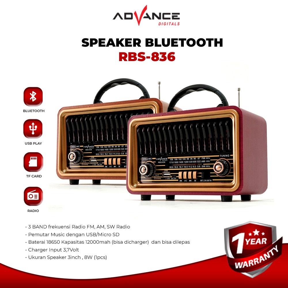 Speaker Model Radio Tua Advance RBS-836 Bluetooth Clasic Dengan Led tuning