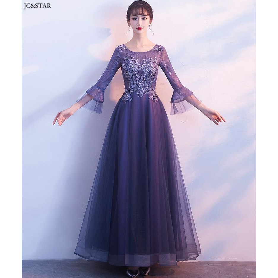 new lace horn sleeve ALine Purple bridesmaid dress/gaun pesta dewasa wedding party dress