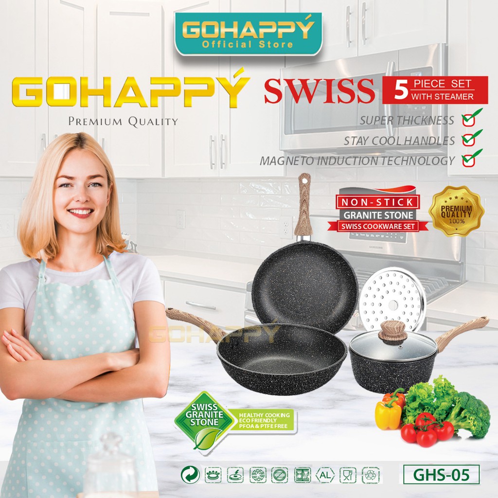 EVERLUX Gohappy Granite Pan isi 5pc - Panci set swiss saucepan fyr wok pan and steamers