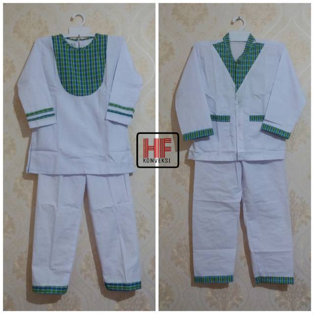 Baju Muslim Anak / Seragam Muslim Anak Tk Putih Kotak Hijau