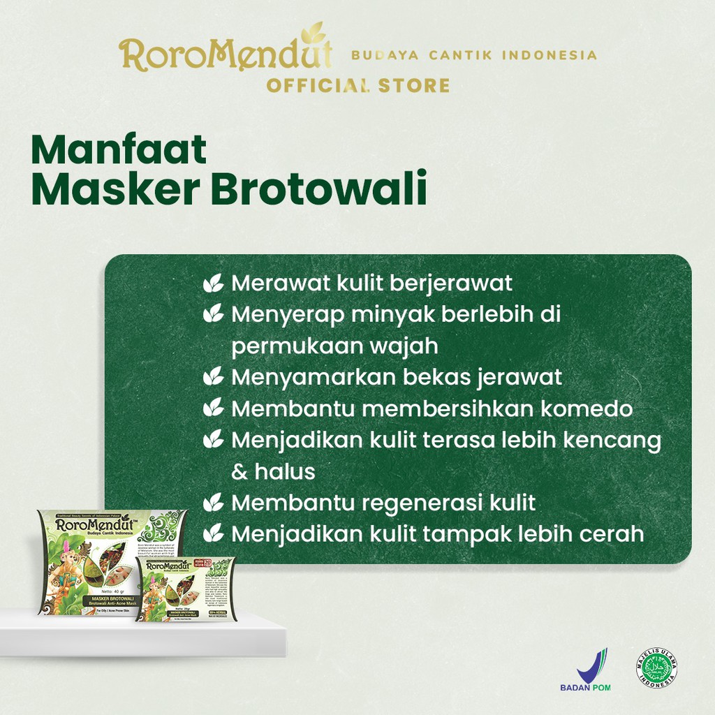 Masker Brotowali Penghilang Jerawat Dan Bekas Jerawat Pemutih Wajah Roro Mendut Anti Acne 20 gr