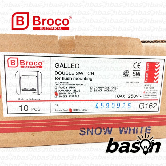 BROCO Galleo White / Putih G162 | Saklar 2 Gang 1 Way Switch