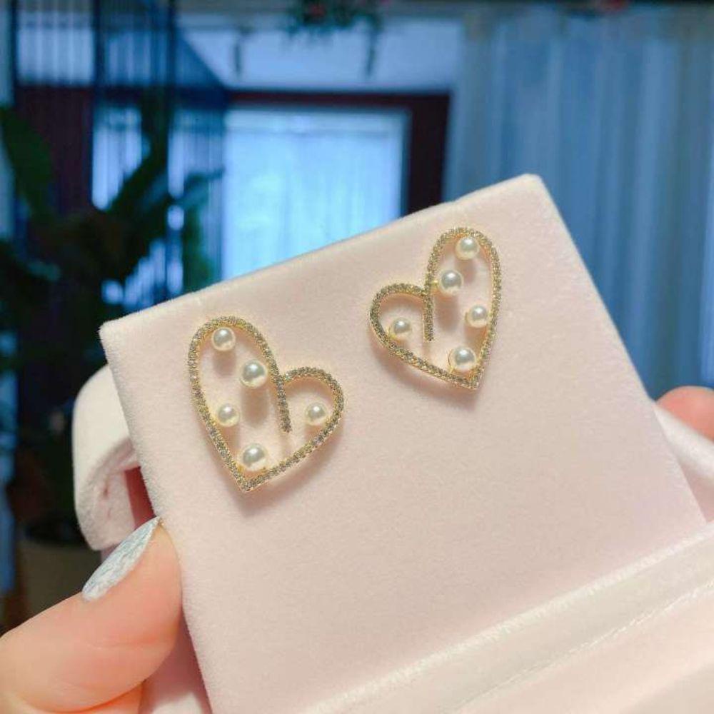 Mxbeauty Wanita Anting Berlian Imitasi Atmosfer Pesta Perhiasan Hadiah Indah Aksesoris Telinga Mutiara Hati Stud Earrings